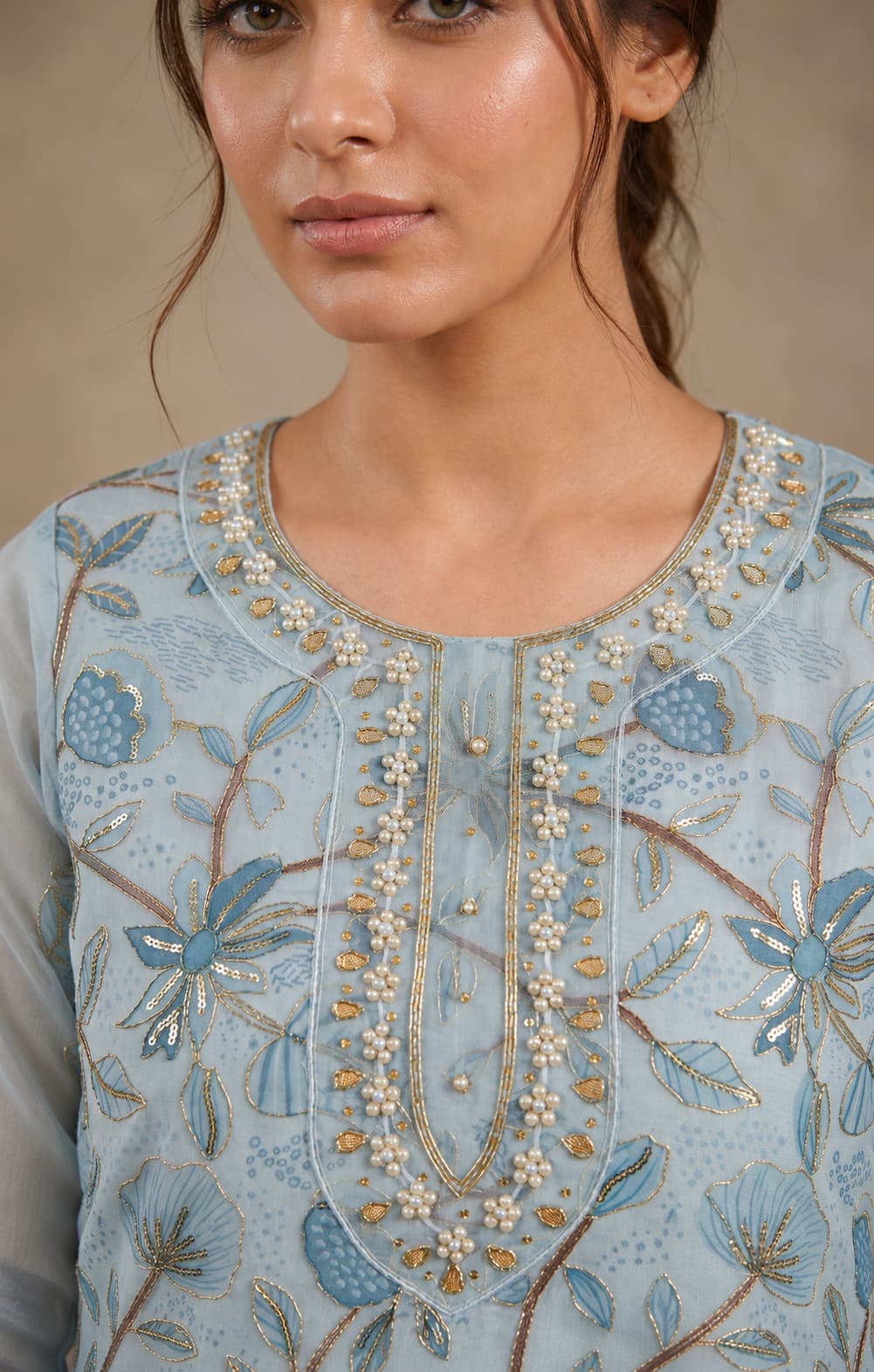 Sky Blue Organza Handwork Embroidered Salwar Kameez Suit