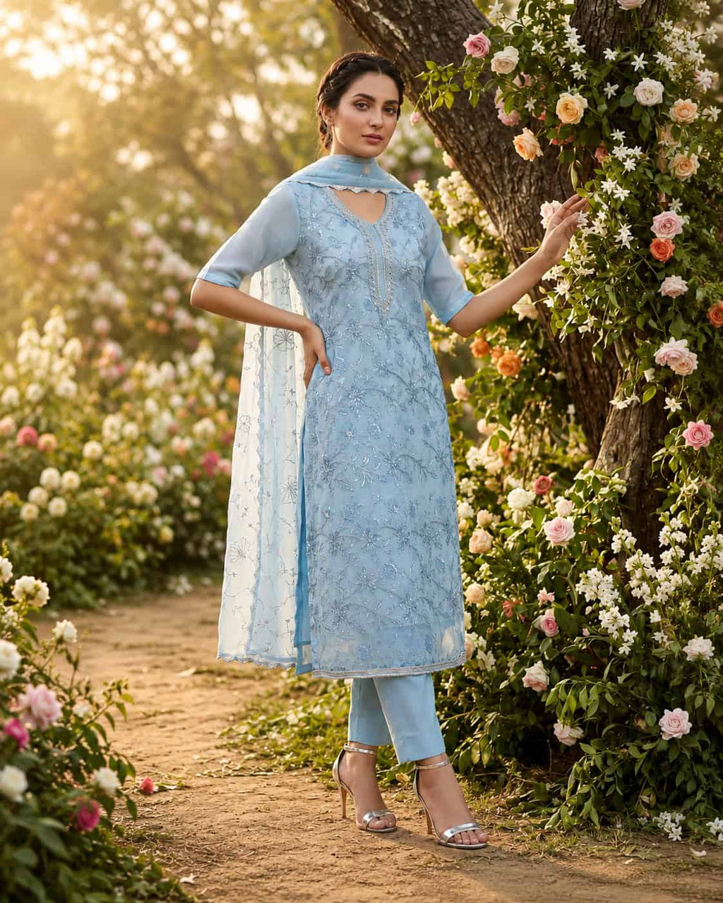 Sky Blue Organza Handwork Embroidered Salwar Kameez Suit