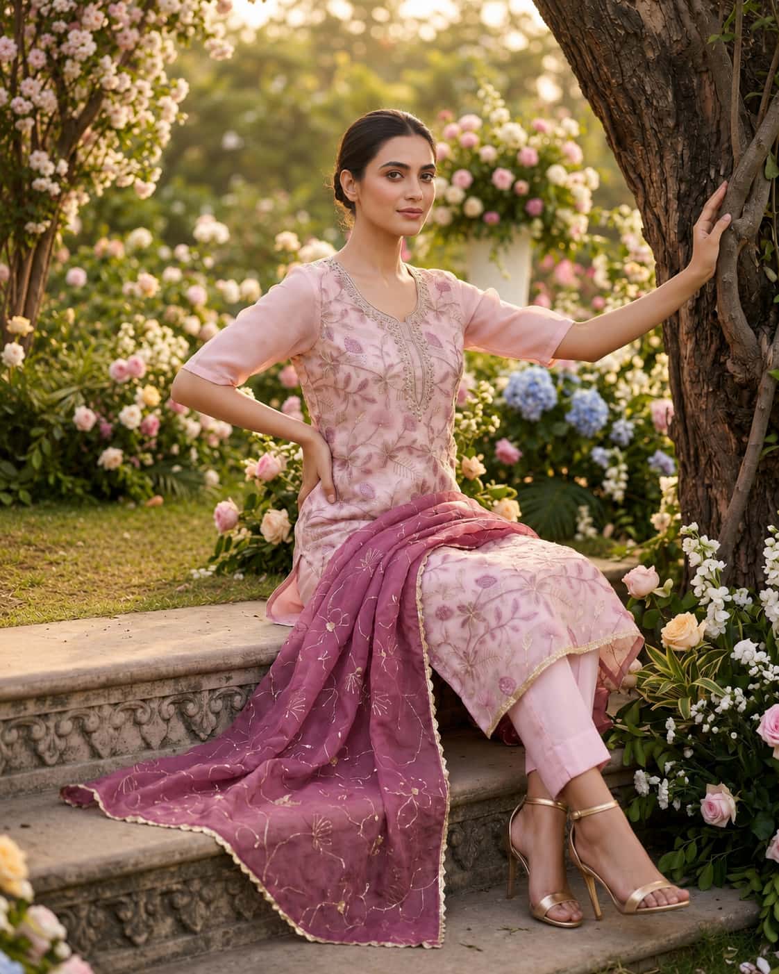 Pink Organza Handwork Embroidered Salwar Kameez Suit