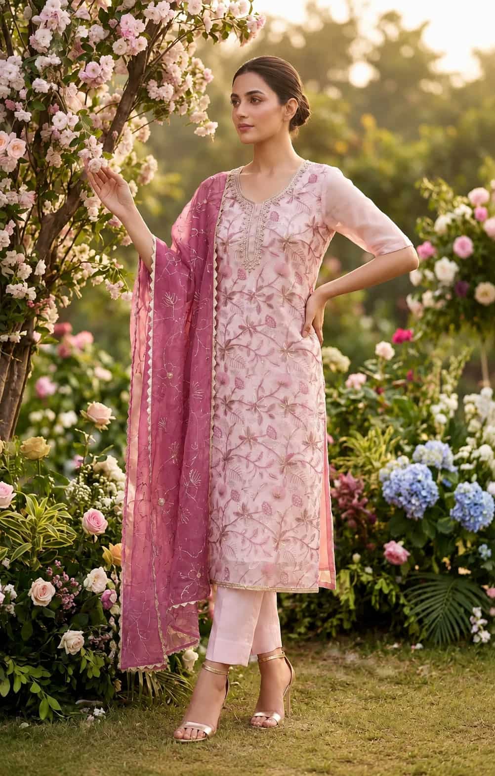 Pink Organza Handwork Embroidered Salwar Kameez Suit