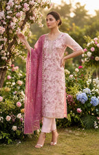 Pink Organza Handwork Embroidered Salwar Kameez Suit