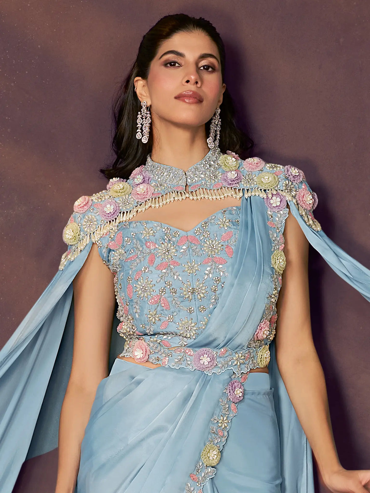 Light Blue Drape Saree view 2
