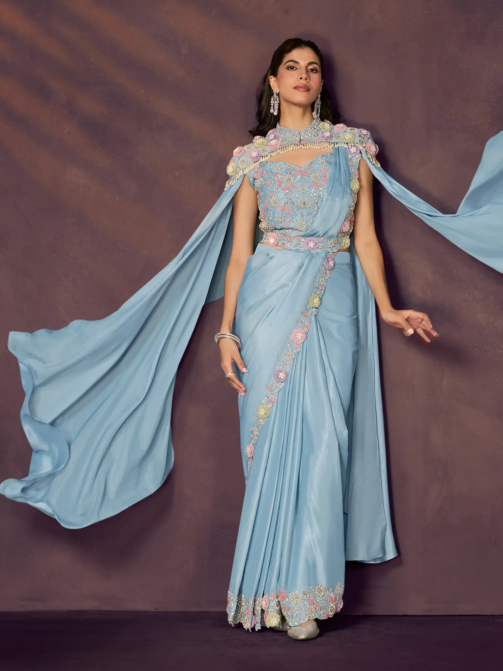 Light Blue Drape Saree view 4