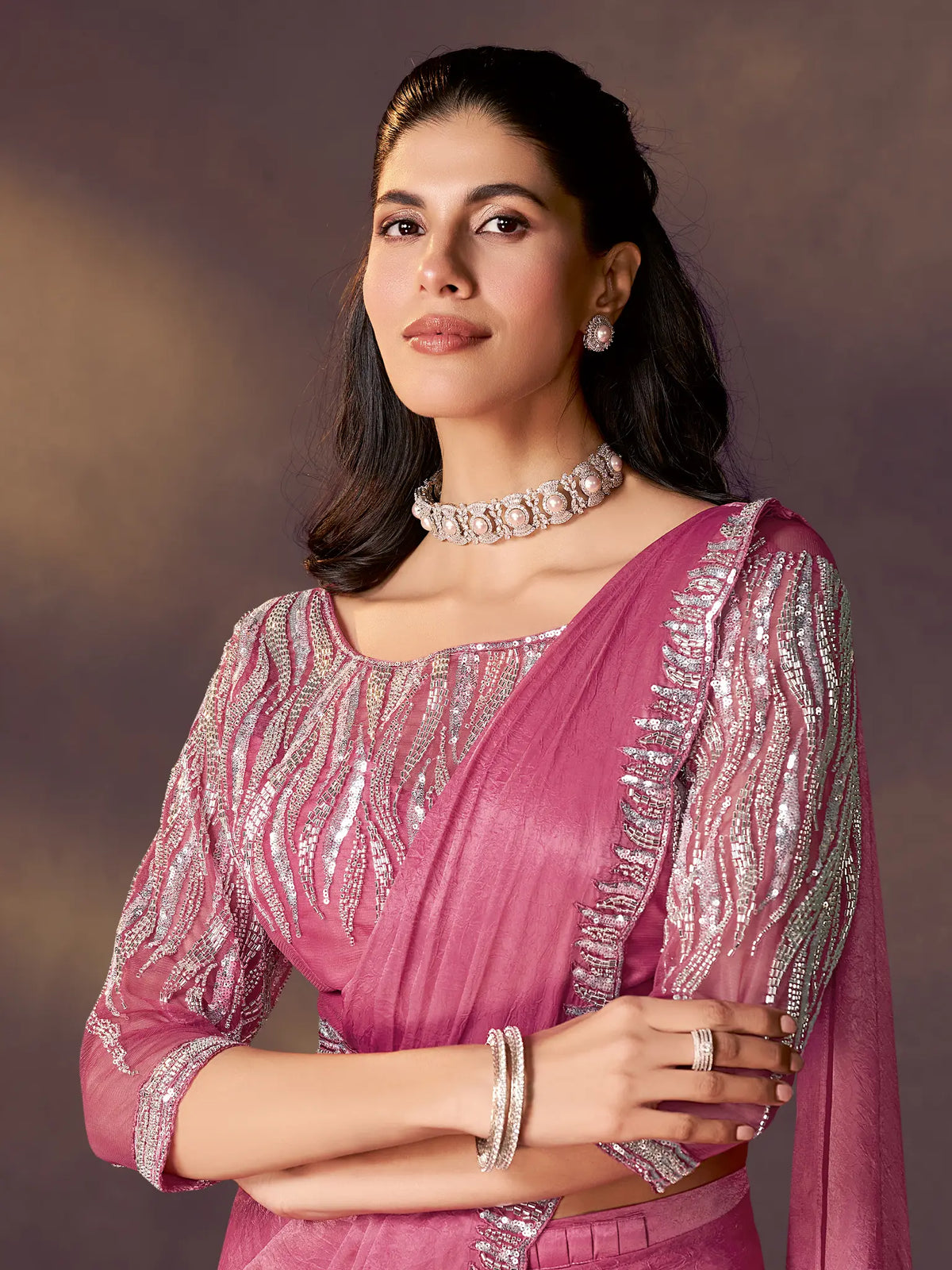 Magenta Drape Saree view 2