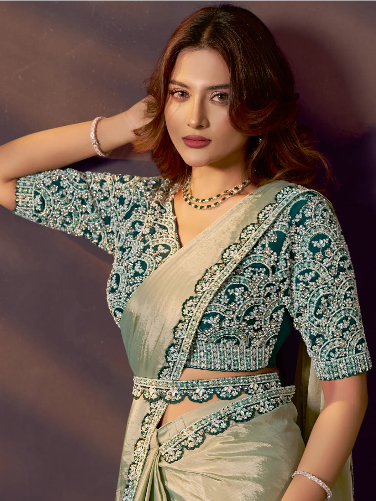 Sage Green Drape Saree view 2