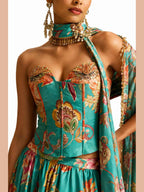 Teal Readymade Hand Work, Printed Georgette Lehengas - View 2