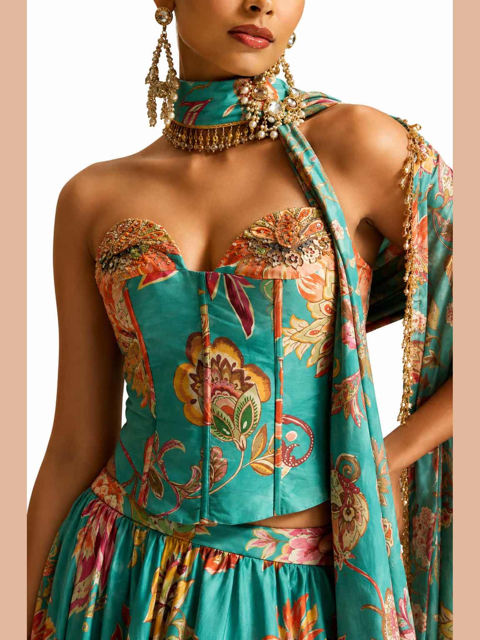 Teal Readymade Hand Work, Printed Georgette Lehengas - View 2