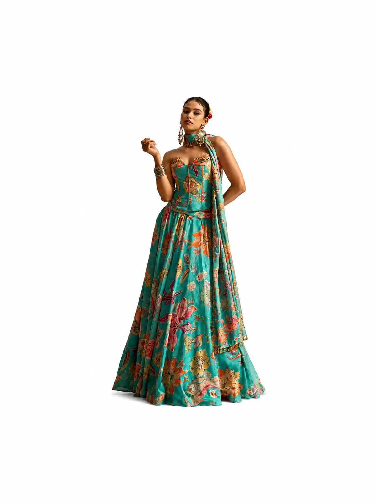 Teal Readymade Hand Work, Printed Georgette Lehengas - View 1