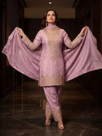Dusty Pink Embroidered Simar Silk Farshi Pant Suit Set View 2