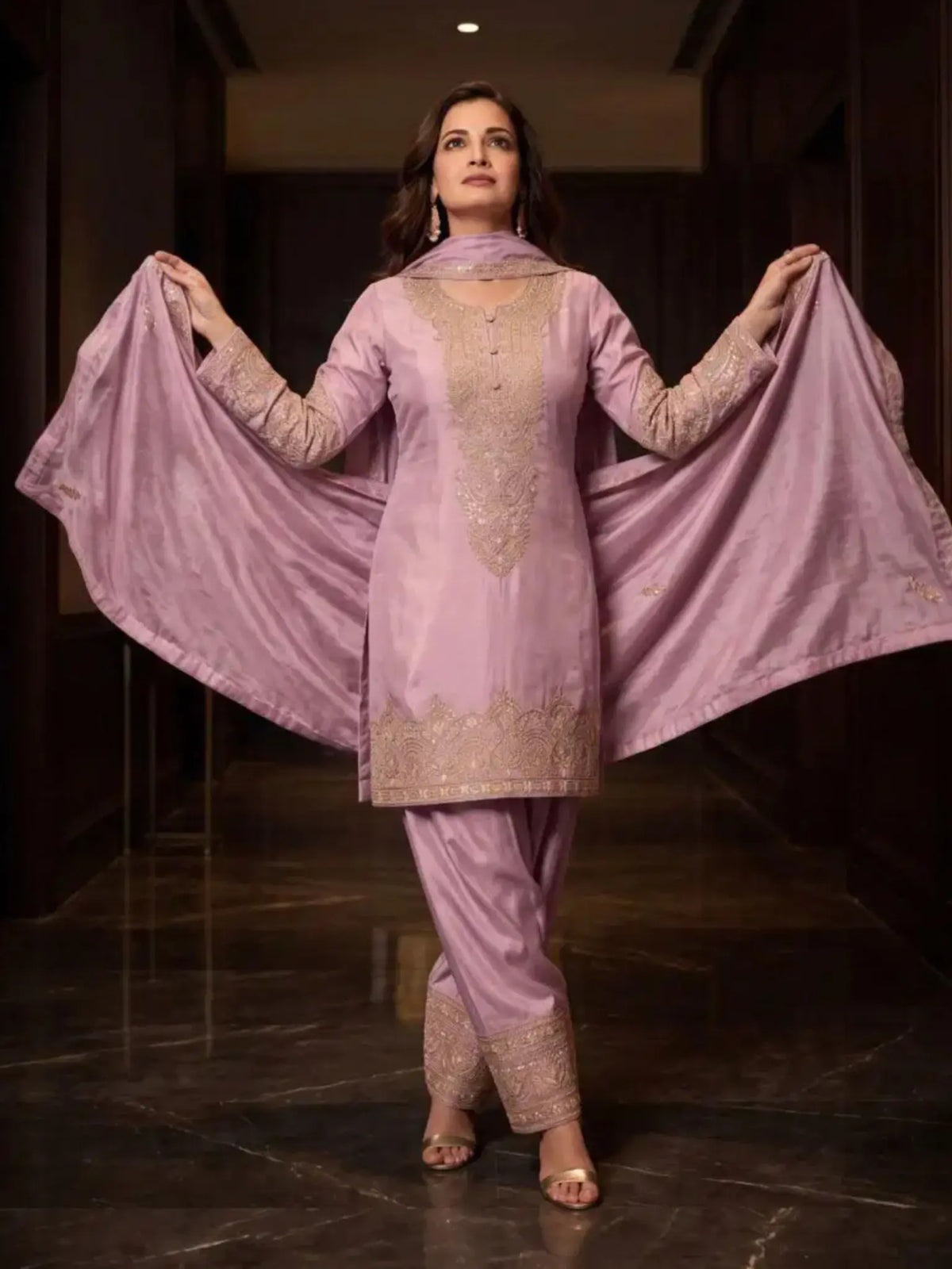 Dusty Pink Embroidered Simar Silk Farshi Pant Suit Set View 2