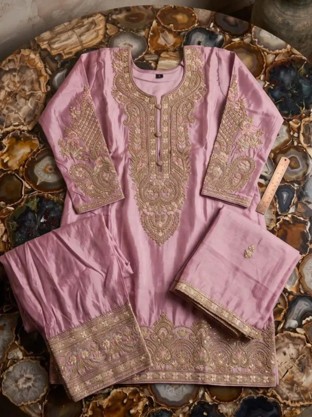 Dusty Pink Embroidered Simar Silk Farshi Pant Suit Set View 7