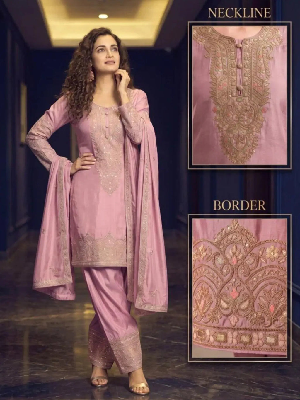 Dusty Pink Embroidered Simar Silk Farshi Pant Suit Set View 1