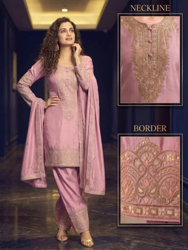Dusty Pink Embroidered Simar Silk Farshi Pant Suit Set View 1