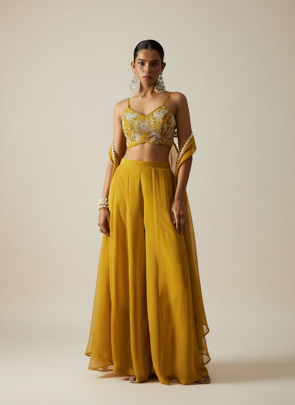 Mustard Georgette Beads Handwork Indo Western Palazzo Suit with Organza Shrug