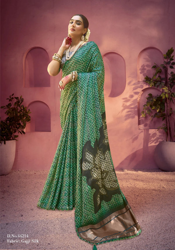 Green Satin Silk Traditional Print Saree