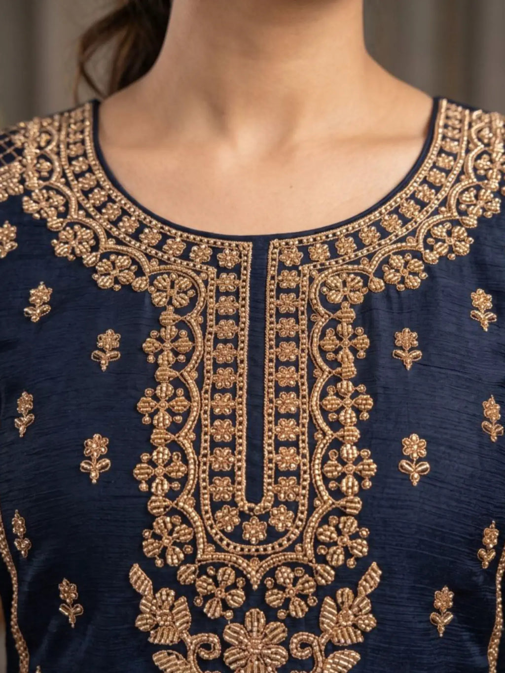Midnight Navy Blue Embroidered Chinnon Kameez Neckline and Beadwork Detail