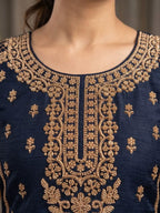 Midnight Navy Blue Embroidered Chinnon Kameez Neckline and Beadwork Detail