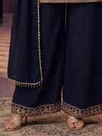 Midnight Navy Blue Chinnon Palazzo Pants Embroidered Hem Close Up