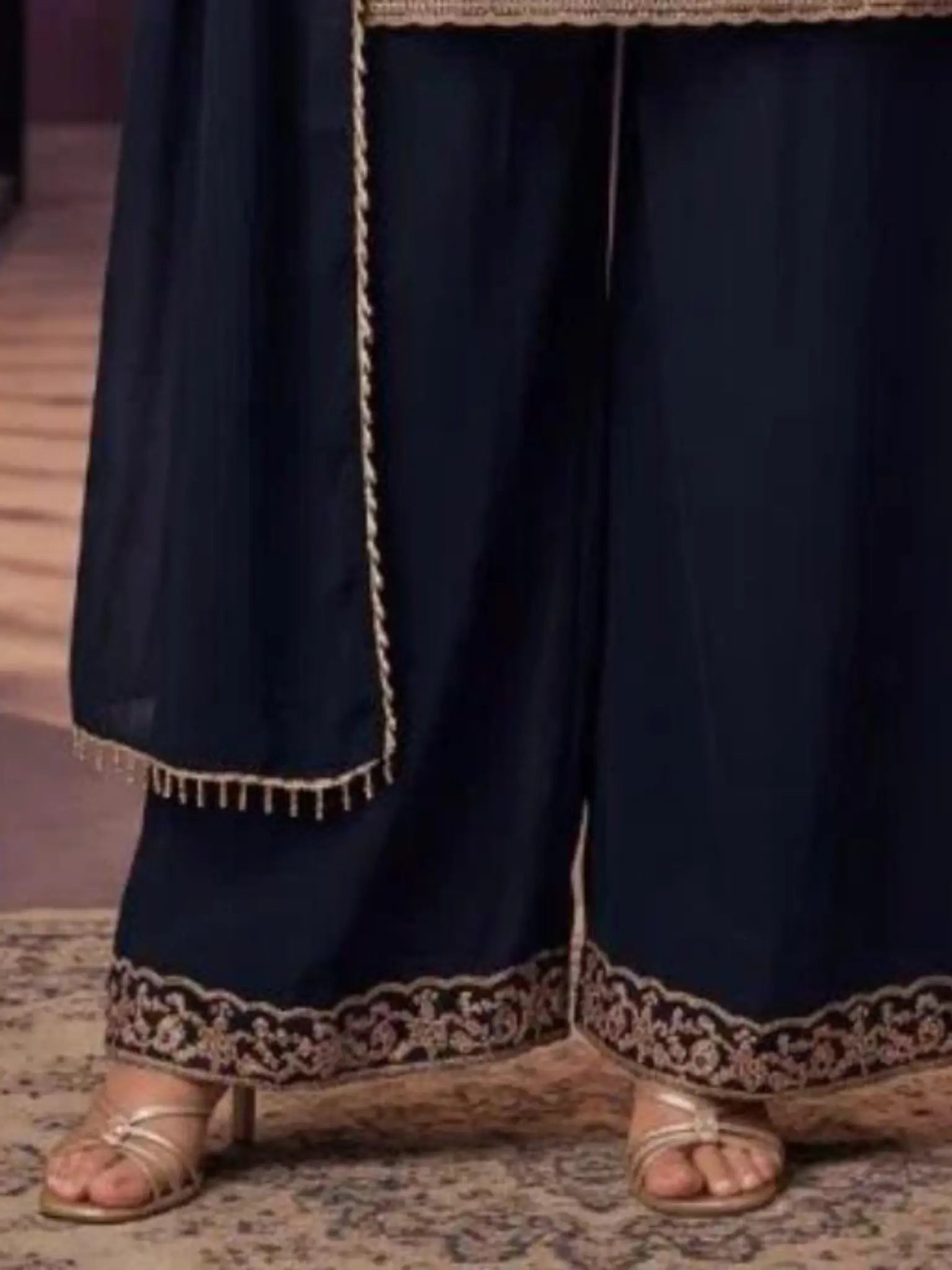 Midnight Navy Blue Chinnon Palazzo Pants Embroidered Hem Close Up