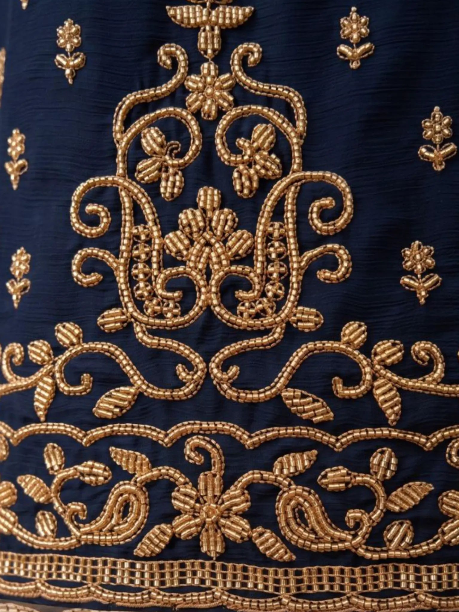 Midnight Navy Blue Chinnon Dupatta Drape with Artisanal Border Tassels
