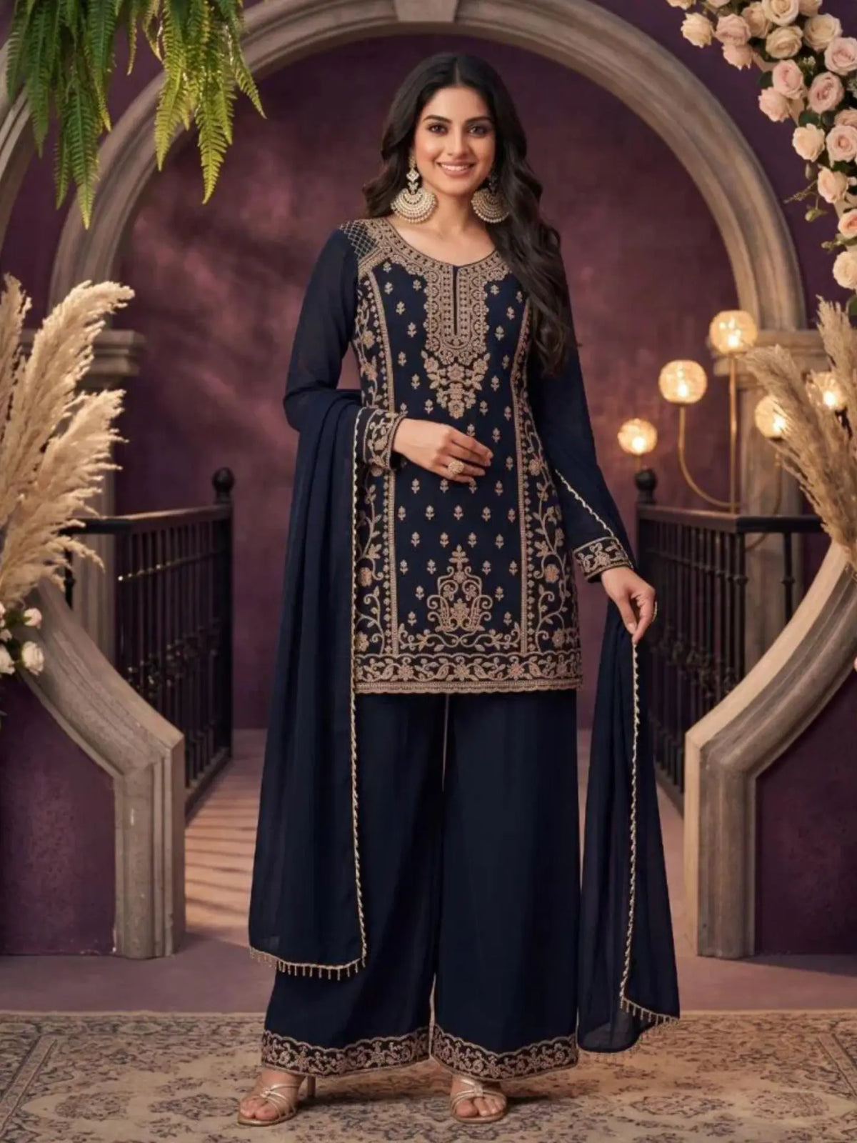 Midnight Navy Blue Embroidered Chinnon Palazzo Suit Set Full Front View