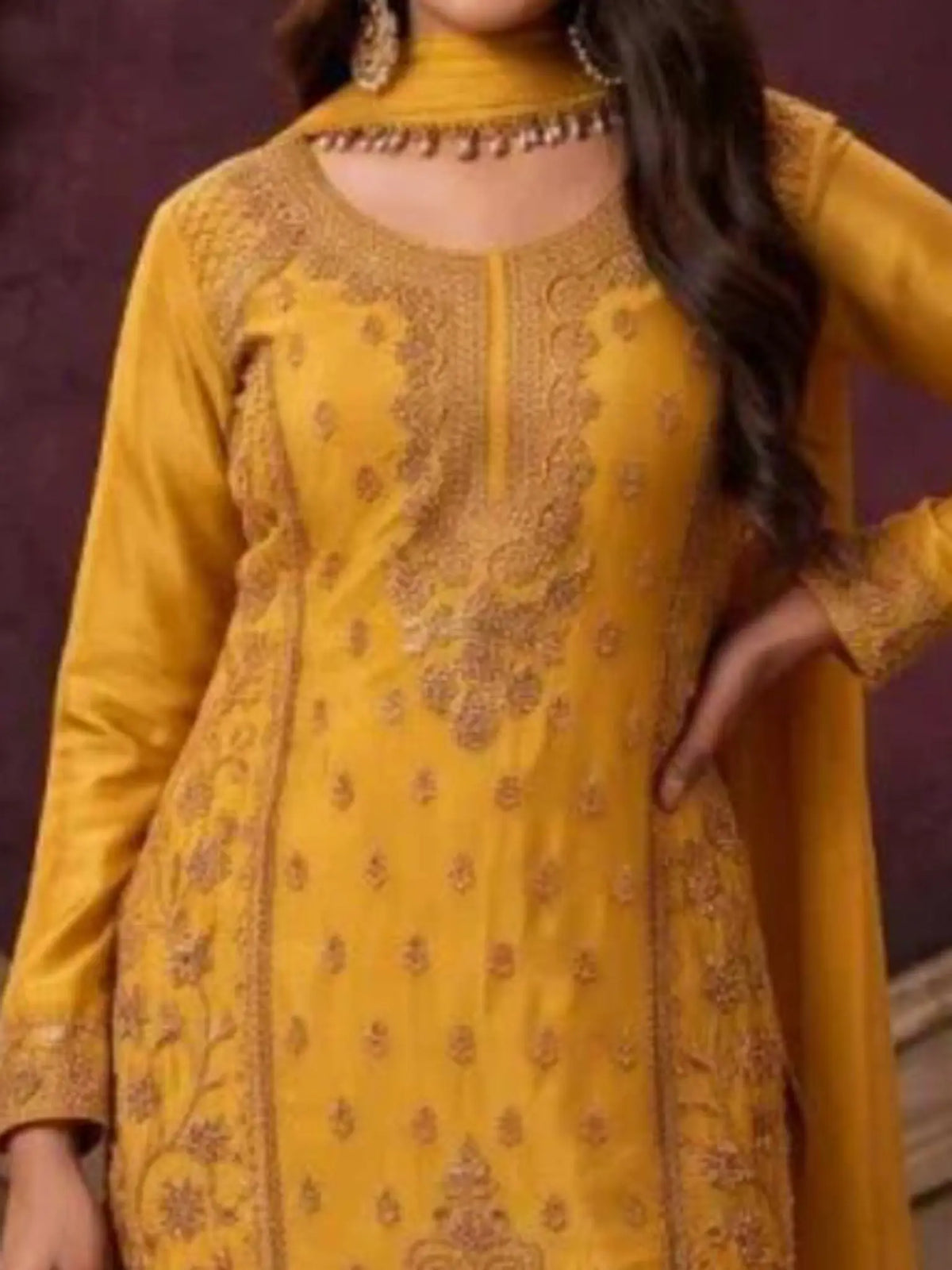 Mustard Yellow Embroidered Chinnon Neckline and Beads Work Detail