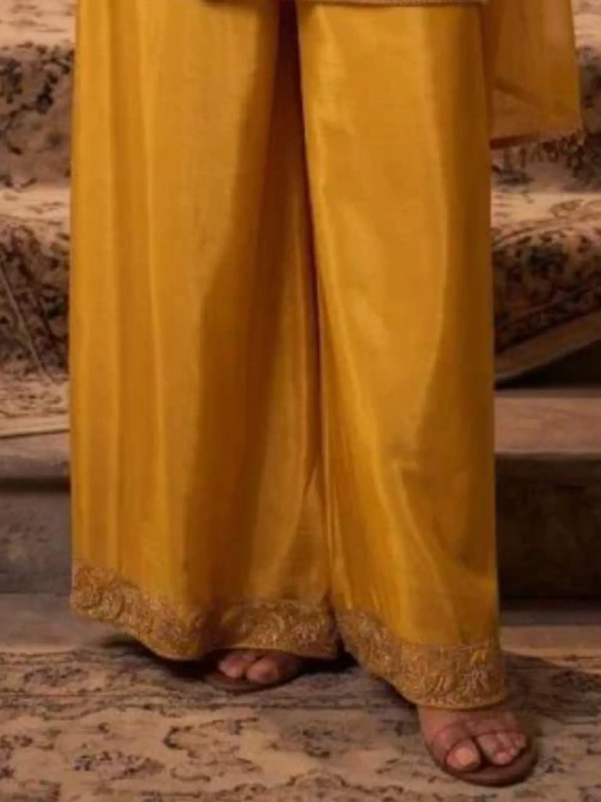 Mustard Yellow Chinnon Palazzo Pants Scalloped Border Close Up