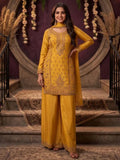 Mustard Yellow Embroidered Chinnon Palazzo Suit Set with Dupatta