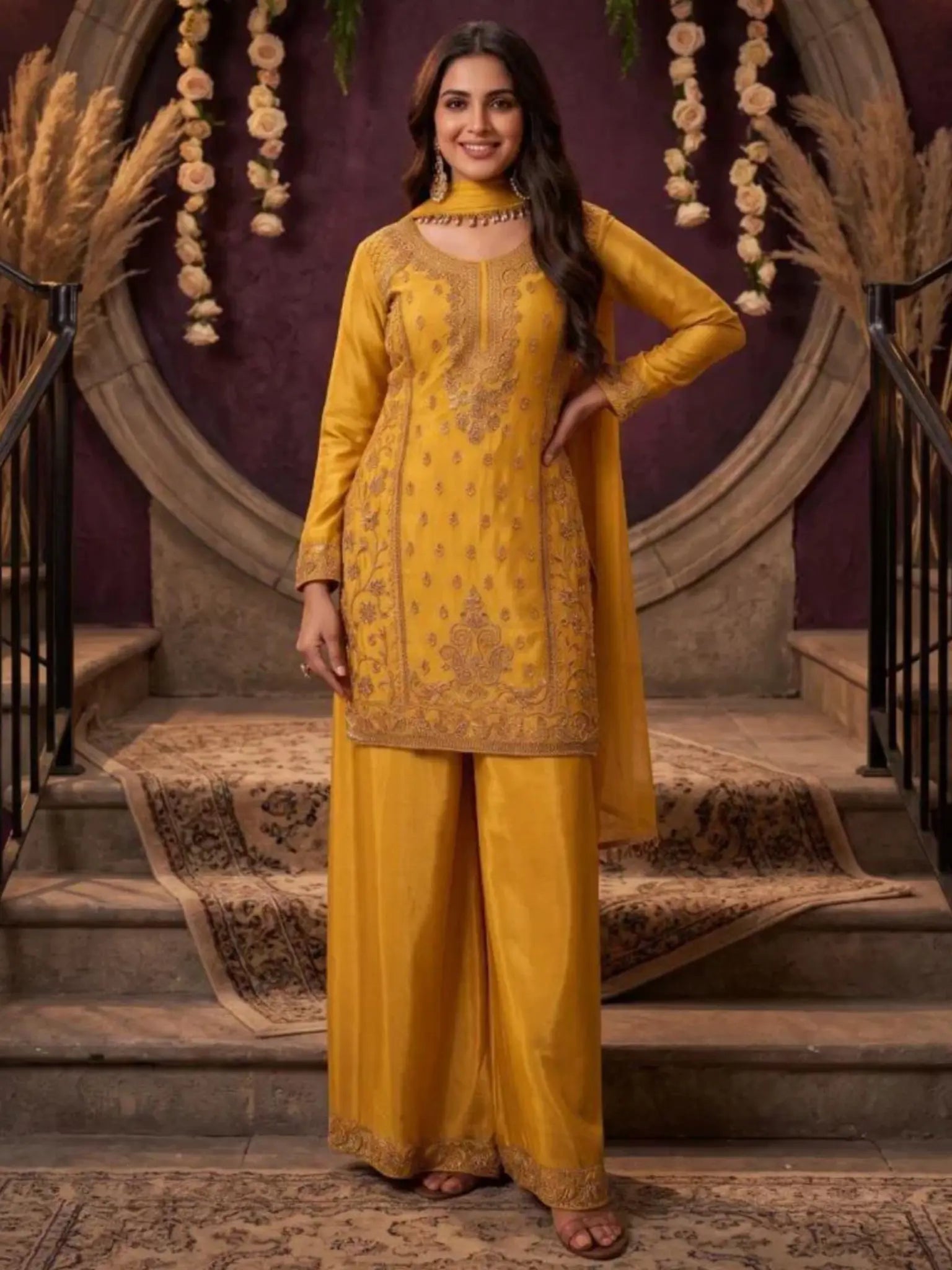 Mustard Yellow Embroidered Chinnon Palazzo Suit Set Full Front View
