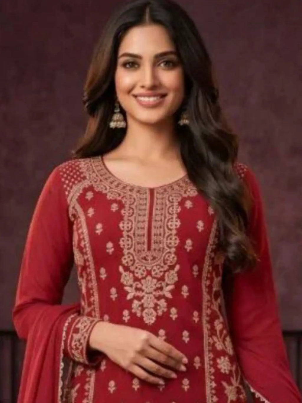 Crimson Maroon Embroidered Chinnon Neckline and Beads Work Detail