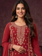 Crimson Maroon Embroidered Chinnon Neckline and Beads Work Detail