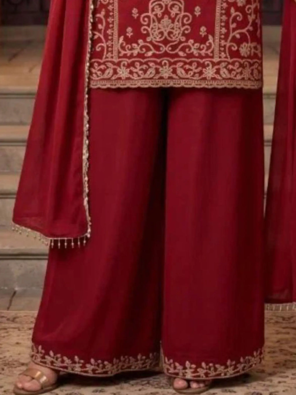 Crimson Maroon Chinnon Kameez Zari Floral Motifs Close Up