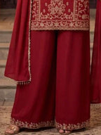 Crimson Maroon Chinnon Kameez Zari Floral Motifs Close Up