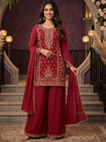 Crimson Maroon Embroidered Chinnon Palazzo Suit Set Full Front View