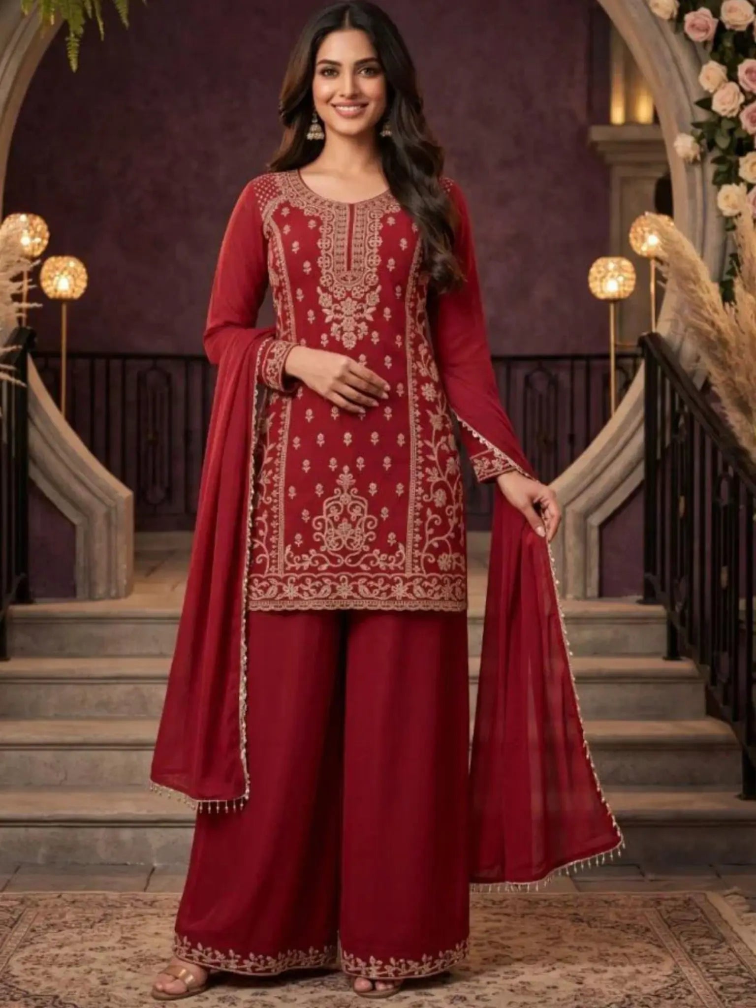 Crimson Maroon Embroidered Chinnon Palazzo Suit Set Full Front View