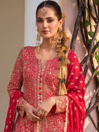 Red Hand Embroidered Real Georgette Palazzo Suit Set - View 2