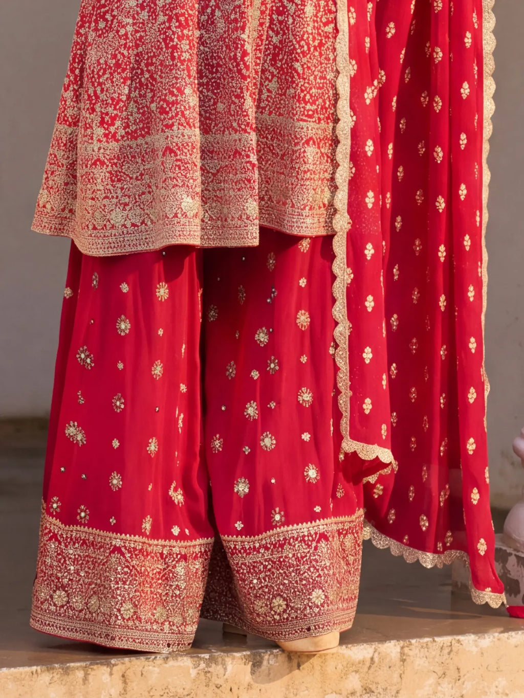 Red Hand Embroidered Real Georgette Palazzo Suit Set - View 3
