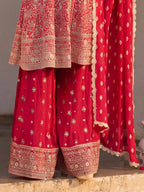 Red Hand Embroidered Real Georgette Palazzo Suit Set - View 3