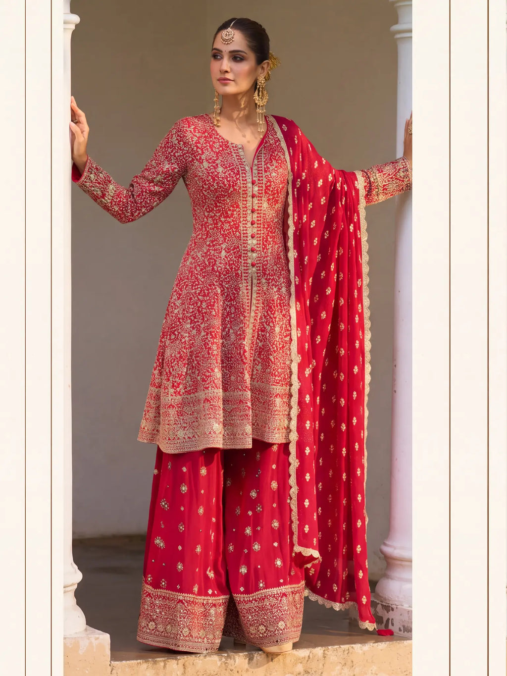 Red Hand Embroidered Real Georgette Palazzo Suit Set - View 1
