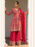Red Hand Embroidered Real Georgette Palazzo Suit Set - View 1