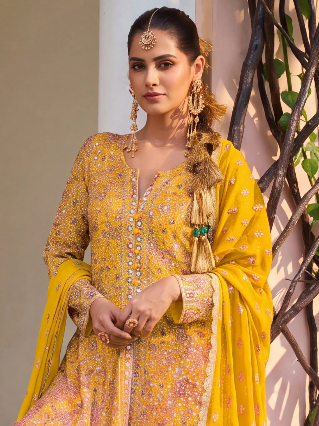 Yellow Hand Embroidered Real Georgette Palazzo Suit Set - View 2
