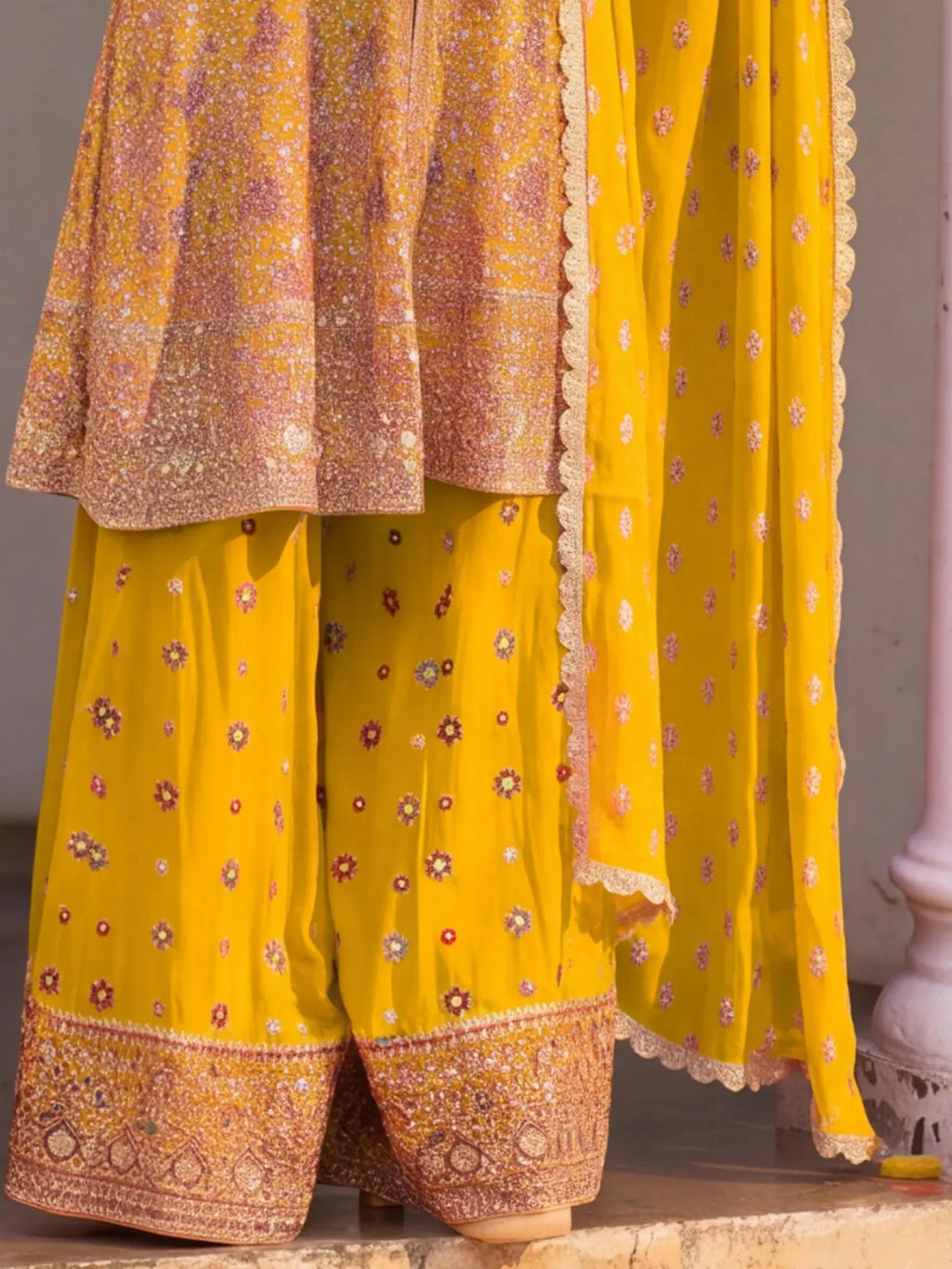 Yellow Hand Embroidered Real Georgette Palazzo Suit Set - View 3