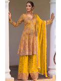 Yellow Hand Embroidered Real Georgette Palazzo Suit Set