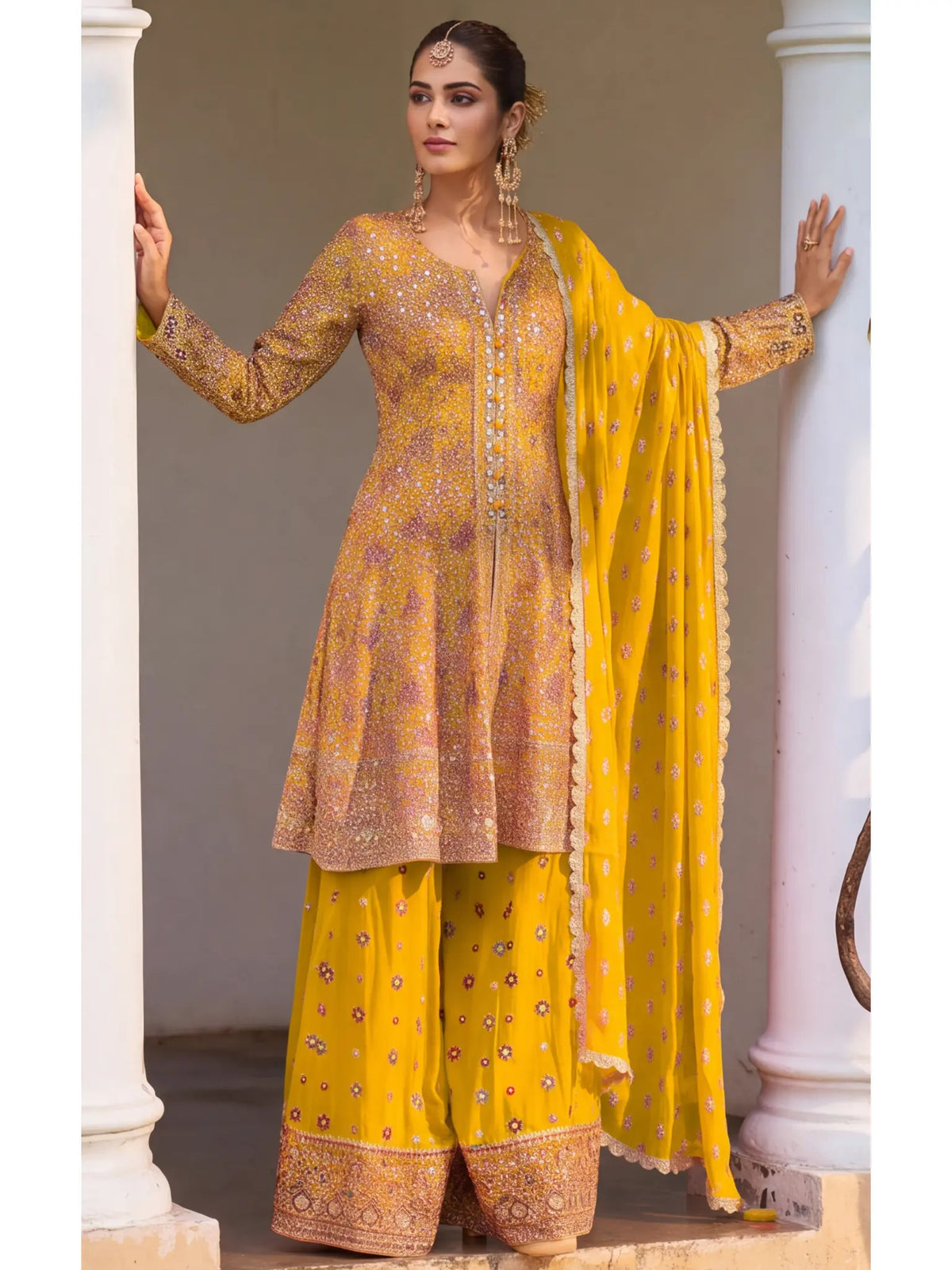 Yellow Hand Embroidered Real Georgette Palazzo Suit Set - View 1