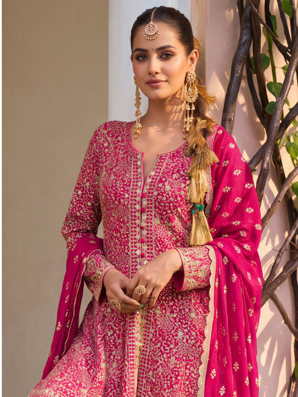 Pink Hand Embroidered Real Georgette Palazzo Suit Set - View 2