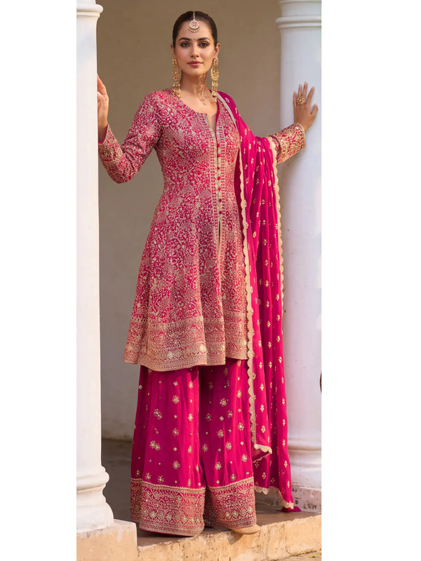 Pink Hand Embroidered Real Georgette Palazzo Suit Set - View 1