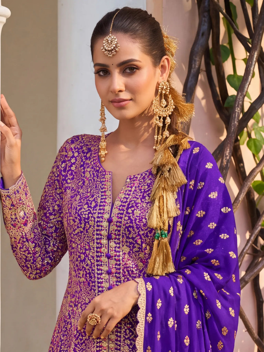 Purple Hand Embroidered Real Georgette Palazzo Suit Set - View 2