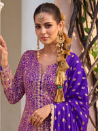 Purple Hand Embroidered Real Georgette Palazzo Suit Set - View 2