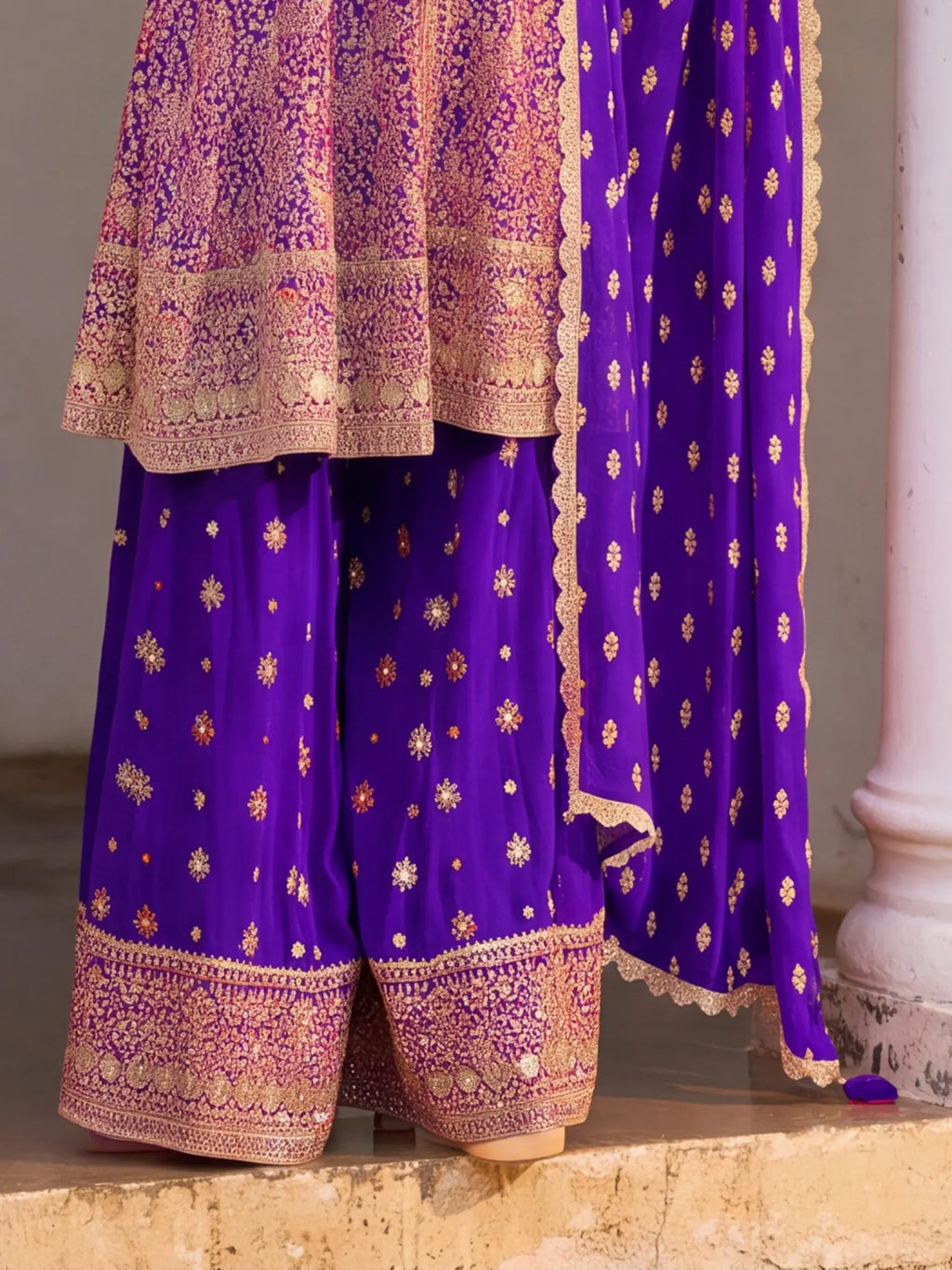 Purple Hand Embroidered Real Georgette Palazzo Suit Set - View 3