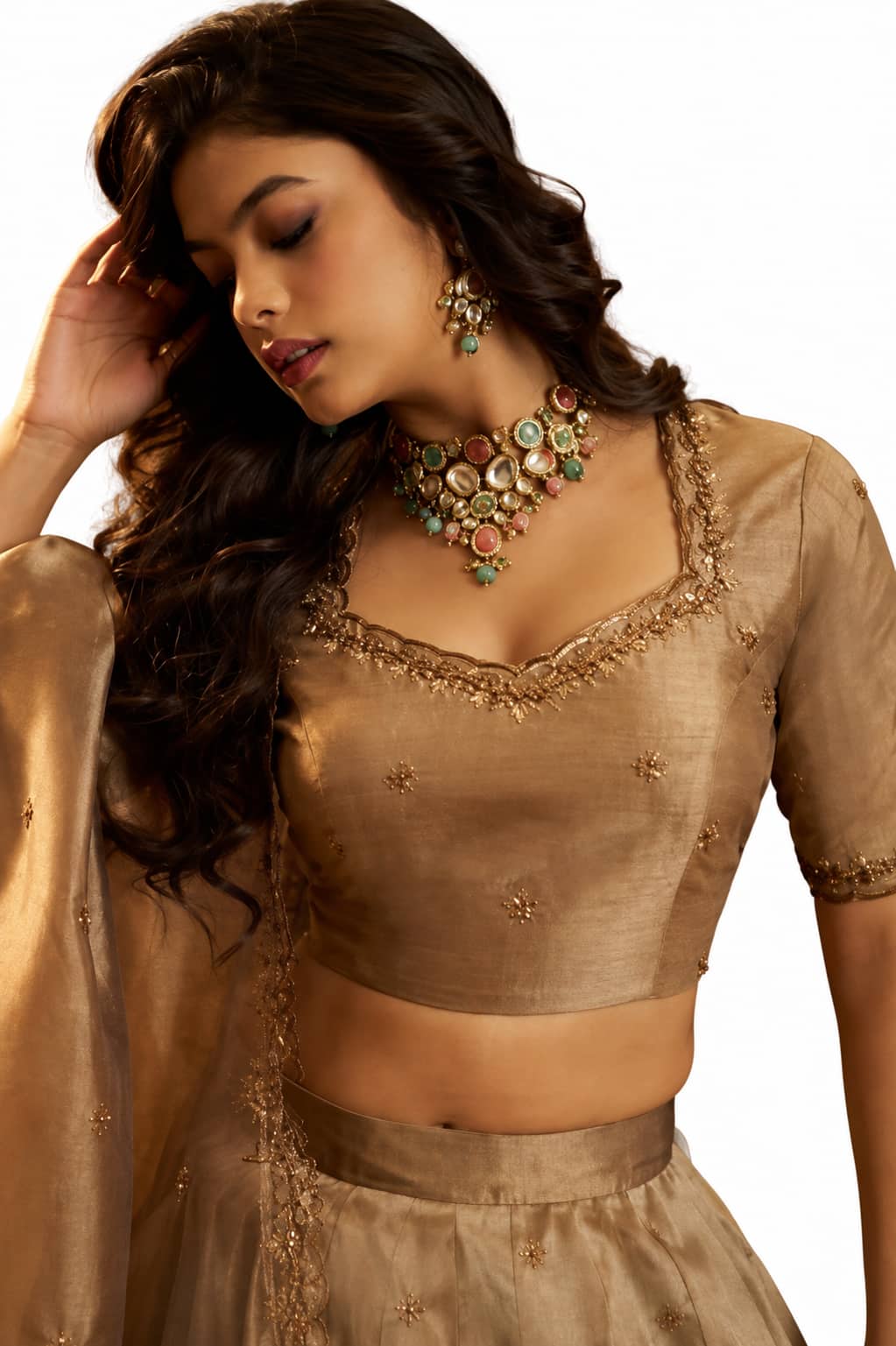 Brown Semi-stitched Zari, Dori, Sequins Organza Lehengas - View 2